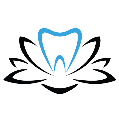 The image is a logo with a stylized design that includes a tooth, a lotus flower, and a blue and white color scheme.